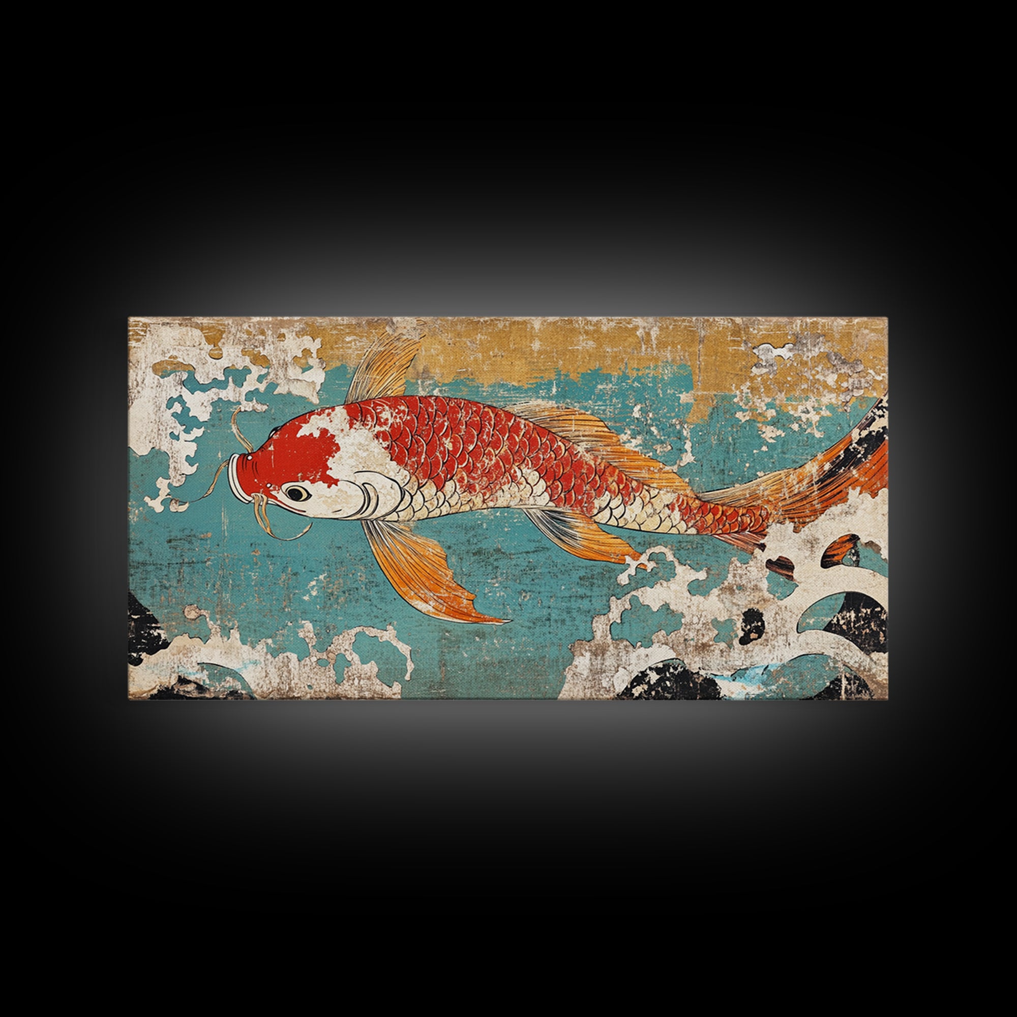 Red Koi Fish In Turquoise Waves Canvas Print, Japanese Wall Art, Coastal Decor, Nautical Home Decor, Large Living Room Art