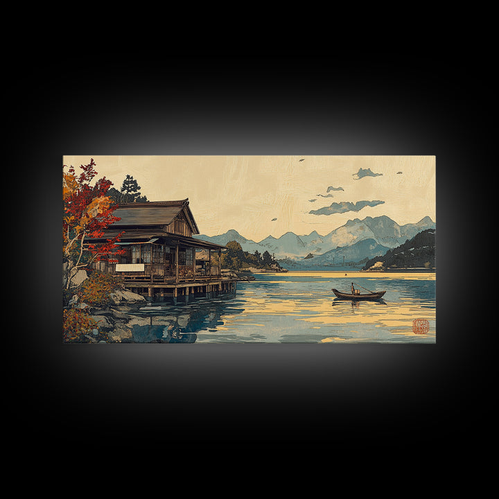 Japanese Lakeside Cabin With Boat Framed Canvas Print, Mountain Landscape Wall Art, Japandi Decor, Serene Living Room Decor