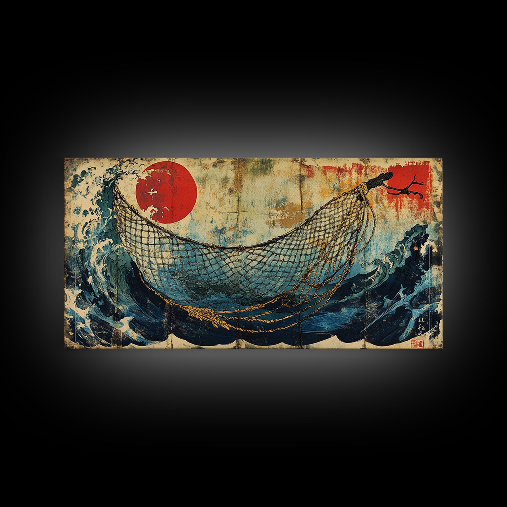 Fishing Net Over Stormy Blue Waves Canvas Print, Japanese Seascape Wall Art, Nautical Decor, Coastal Living Room Art