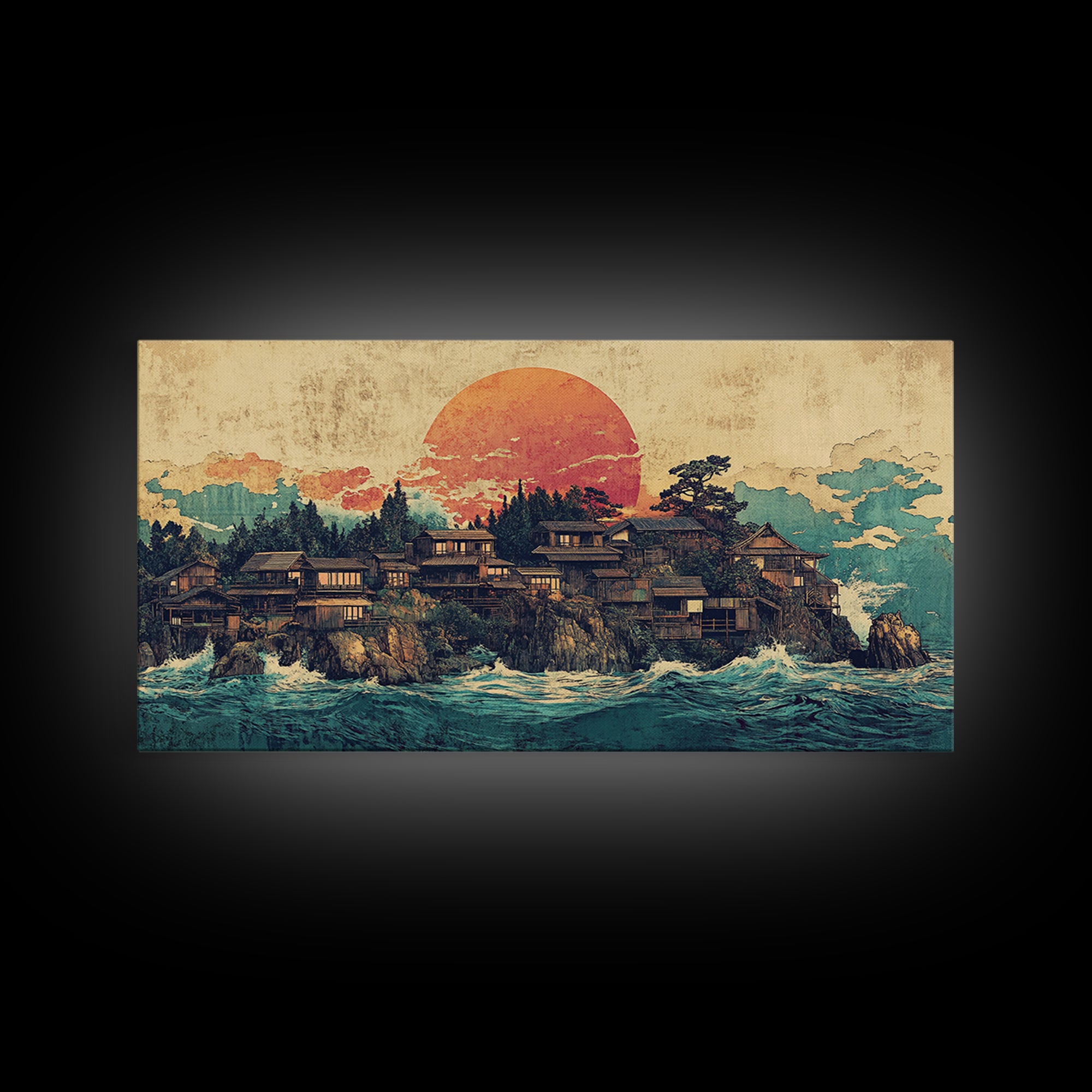 Japanese Coastal Village At Sunset Canvas Print, Ocean Wall Art, Seascape Decor, Japandi Living Room Wall Decor Gift