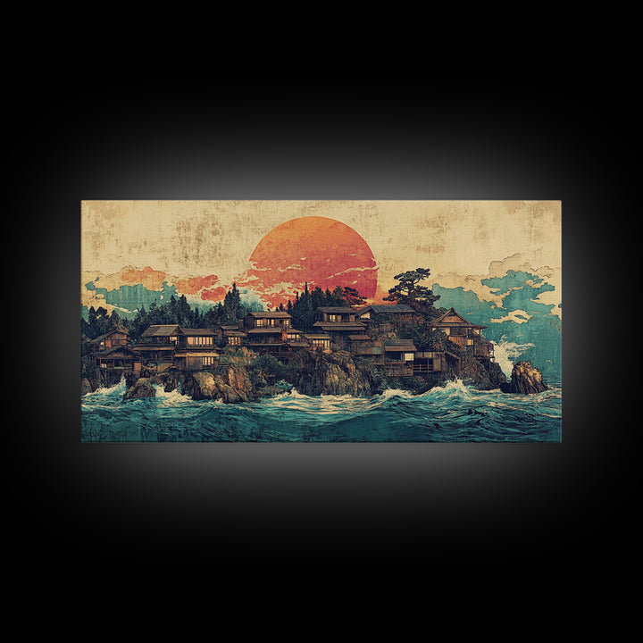 Japanese Coastal Village At Sunset Canvas Print, Ocean Wall Art, Seascape Decor, Japandi Living Room Wall Decor Gift