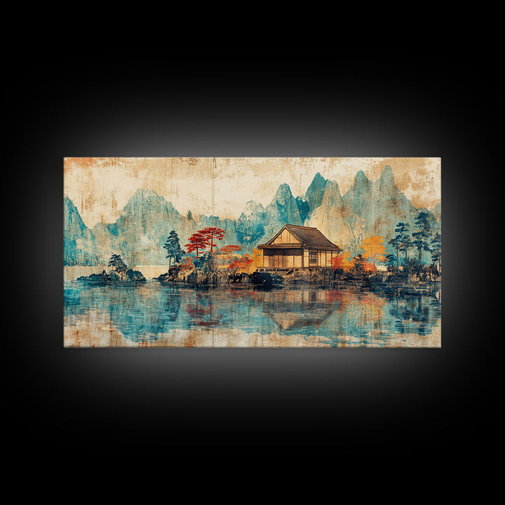 Quiet Lake House With Misty Mountains Framed Canvas Print, Japanese Landscape Wall Art, Japandi Decor, Serene Home Decor