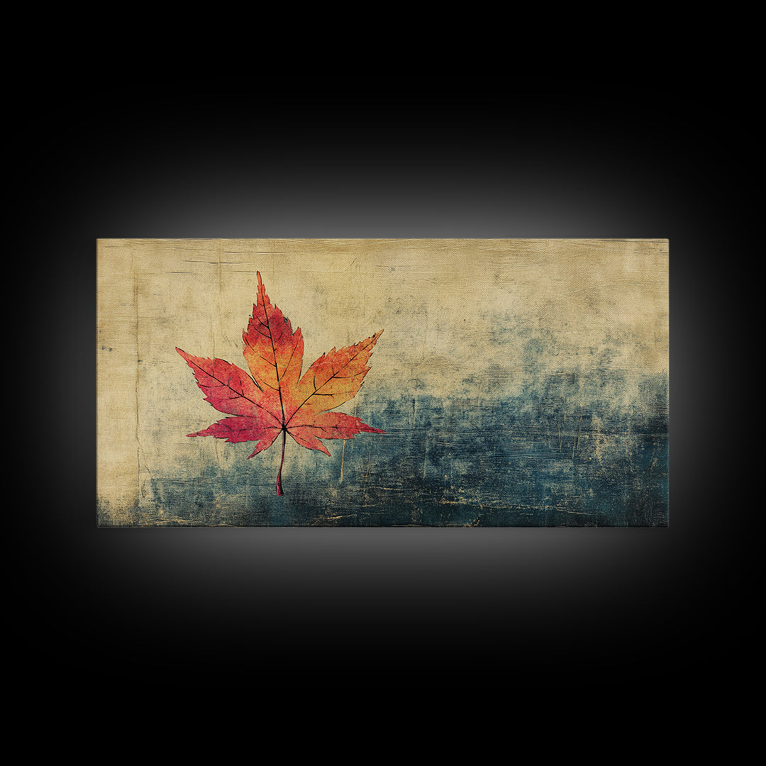 Red Maple Leaf On Textured Blue Background Canvas Print, Japanese Botanical Wall Art, Autumn Decor, Minimalist Nature Print