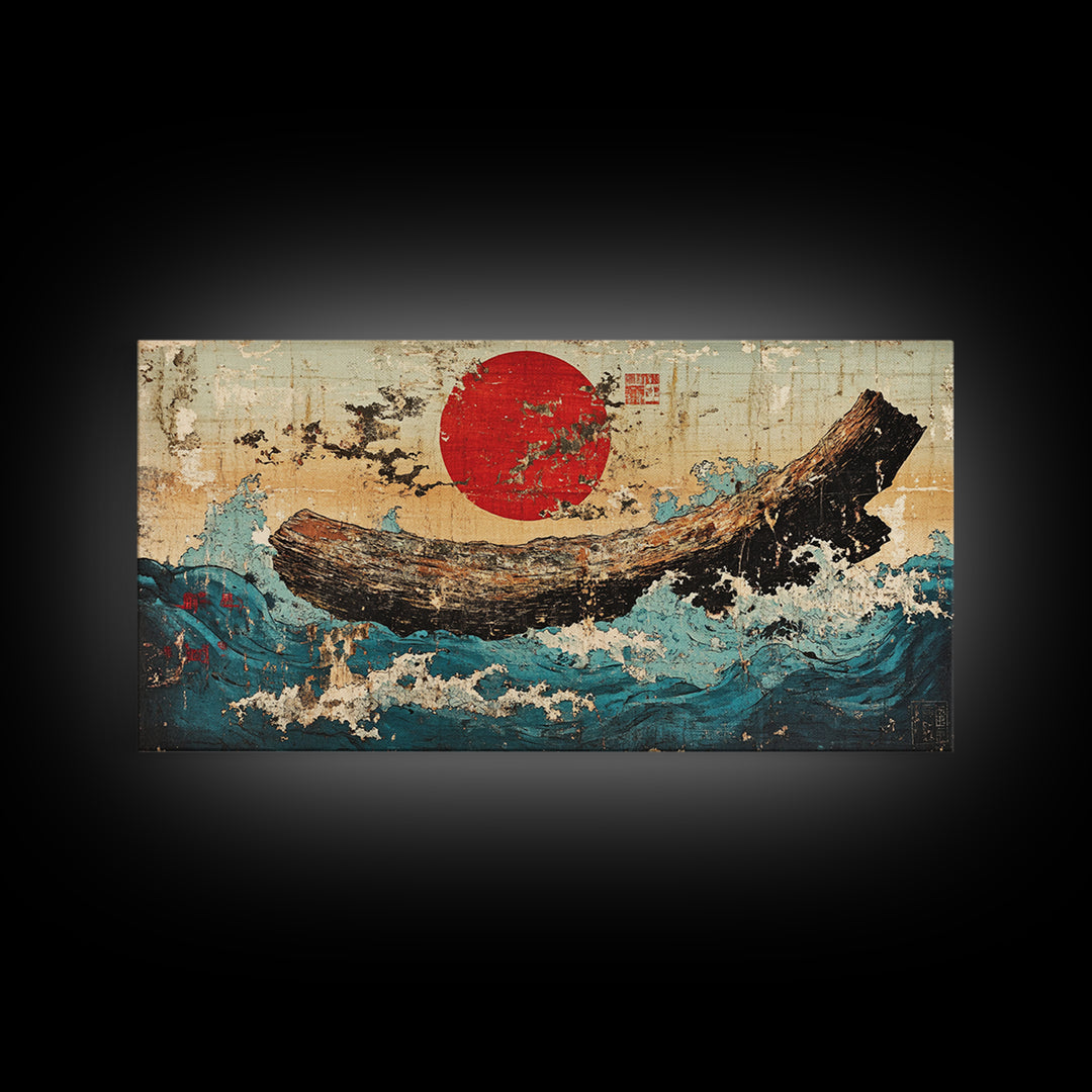 Driftwood Log In Blue Ocean Waves Canvas Print, Japanese Nautical Wall Art, Rustic Coastal Decor, Modern Seascape Art Print