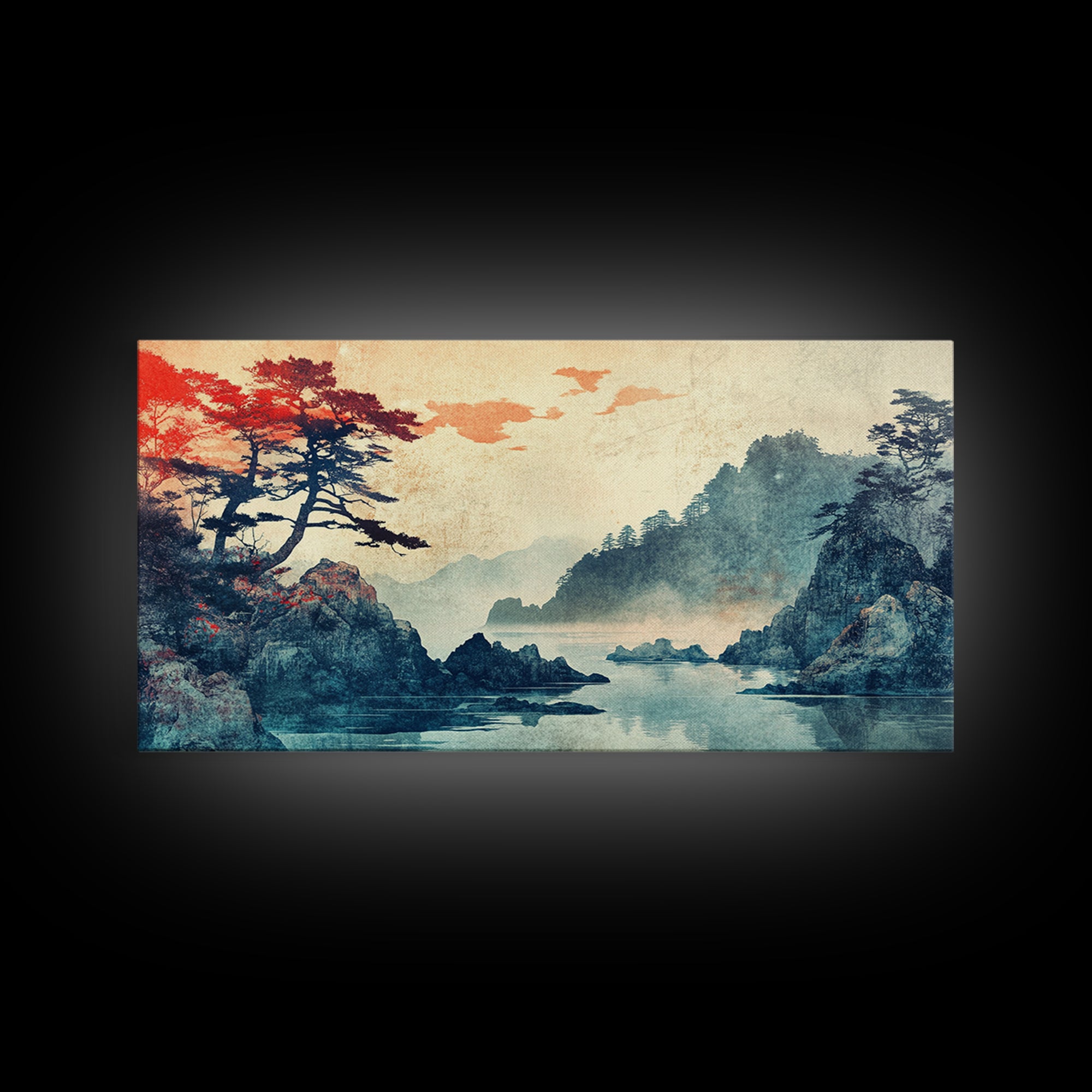 Misty Japanese Cove With Pines Canvas Print, Mountain Lake Landscape Wall Art, Serene Japandi Decor, Large Living Room Art