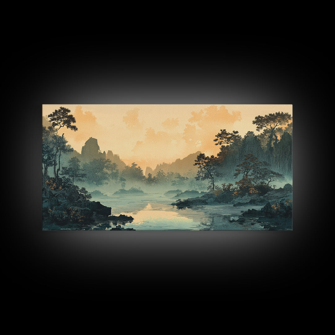 Misty River Valley Sunrise Wall Art, Japanese Landscape Print, Zen Home Decor, Panoramic Canvas For Living Room, Nature Wall Decor Gift