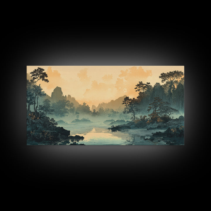 Misty River Valley Sunrise Wall Art, Japanese Landscape Print, Zen Home Decor, Panoramic Canvas For Living Room, Nature Wall Decor Gift