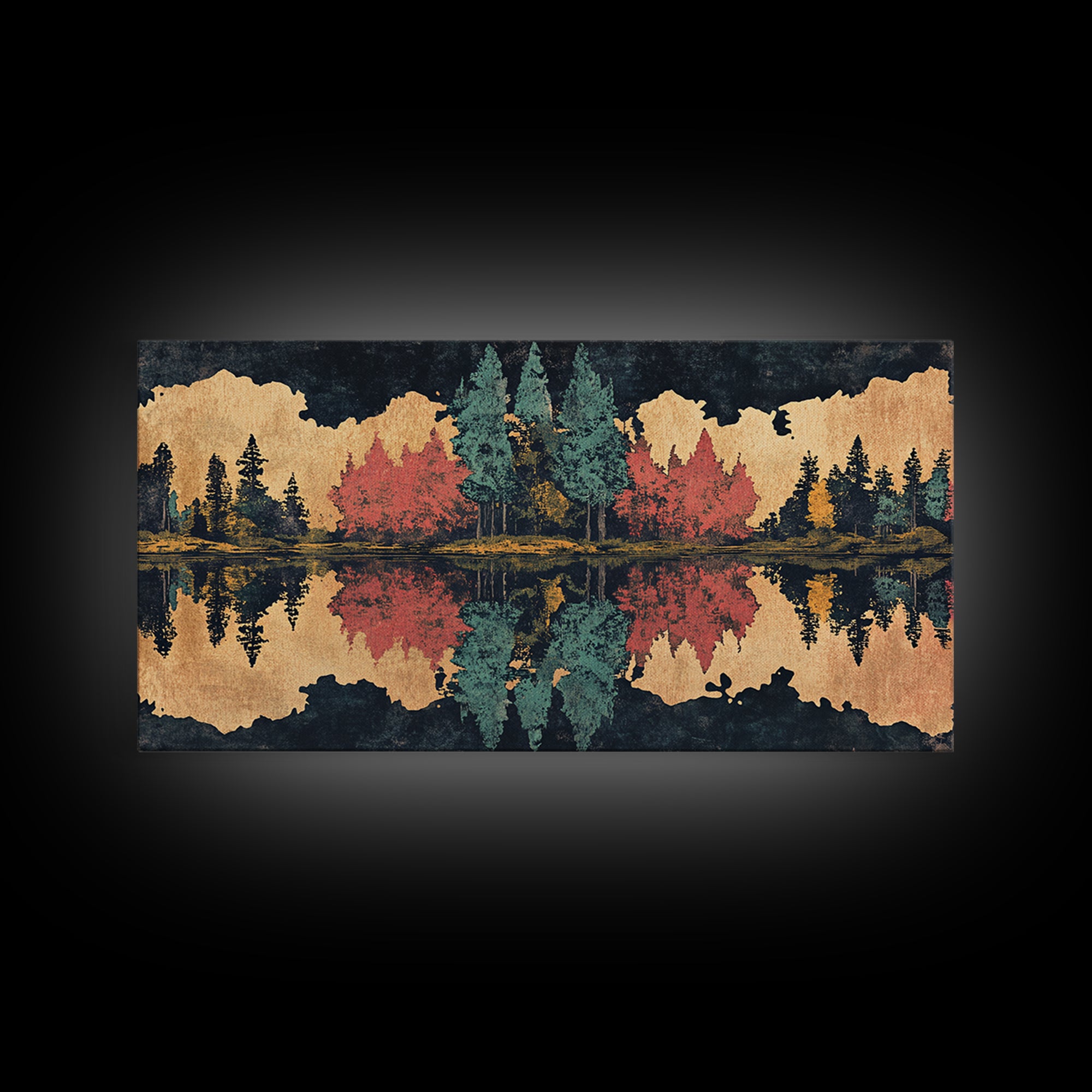 Autumn Forest Lake Reflection Wall Art, Abstract Landscape Print, Panoramic Canvas Decor For Living Room And Cabin, Rustic Home Decor Gift