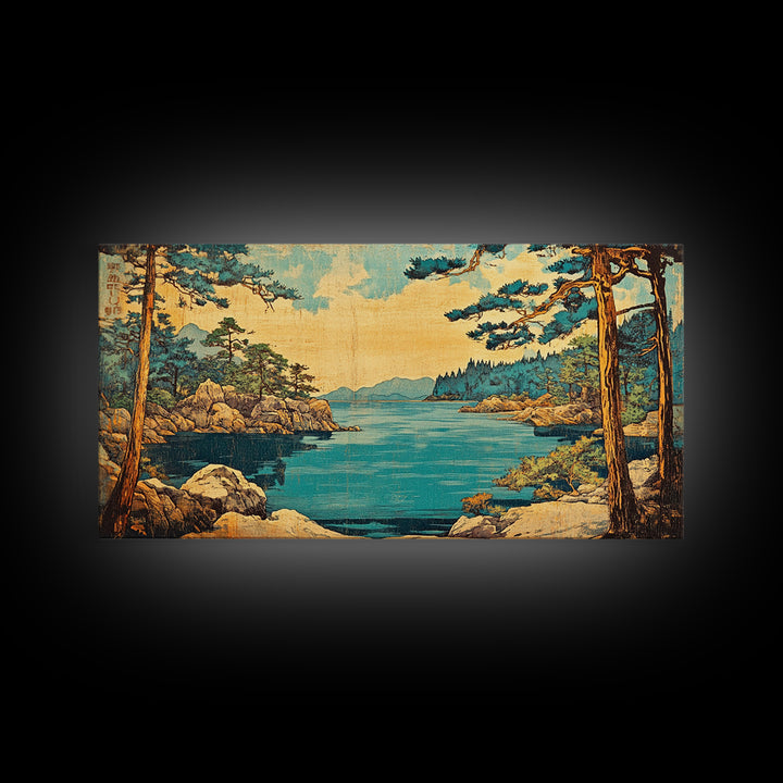 Rocky Pine Coast And Blue Lake Framed Canvas Print, Japanese Landscape Wall Art, Coastal Nature Decor For Living Room, Beach House Gift