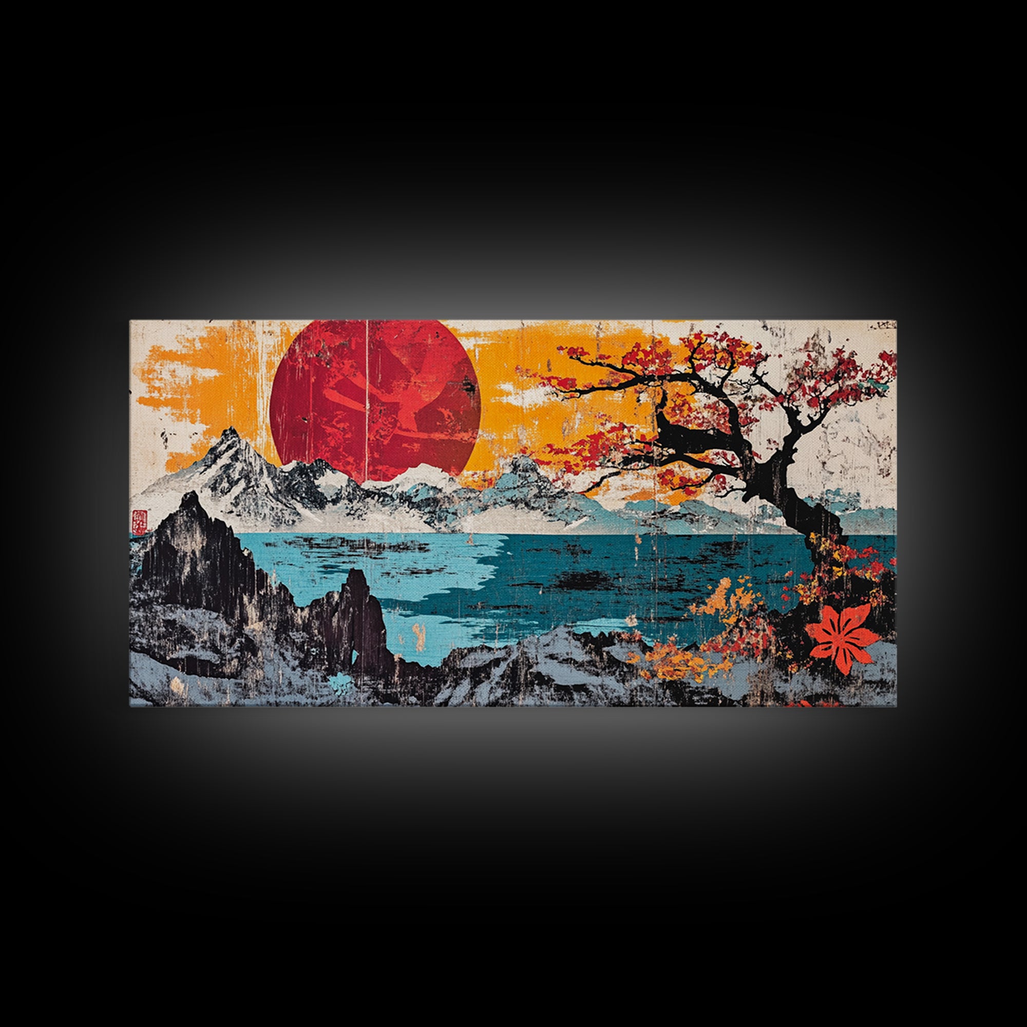 Red Sun Snowy Mountains Wall Art, Japanese Cherry Blossom Seascape Print, Bold Asian Home Decor, Large Canvas For Living Room