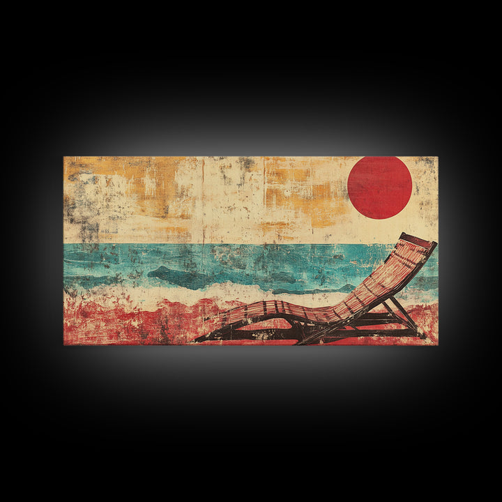Red Sun Beach Chair Canvas Print, Coastal Wall Art, Ocean Waves Poster, Summer Beach House Decor For Bedroom And Living Room