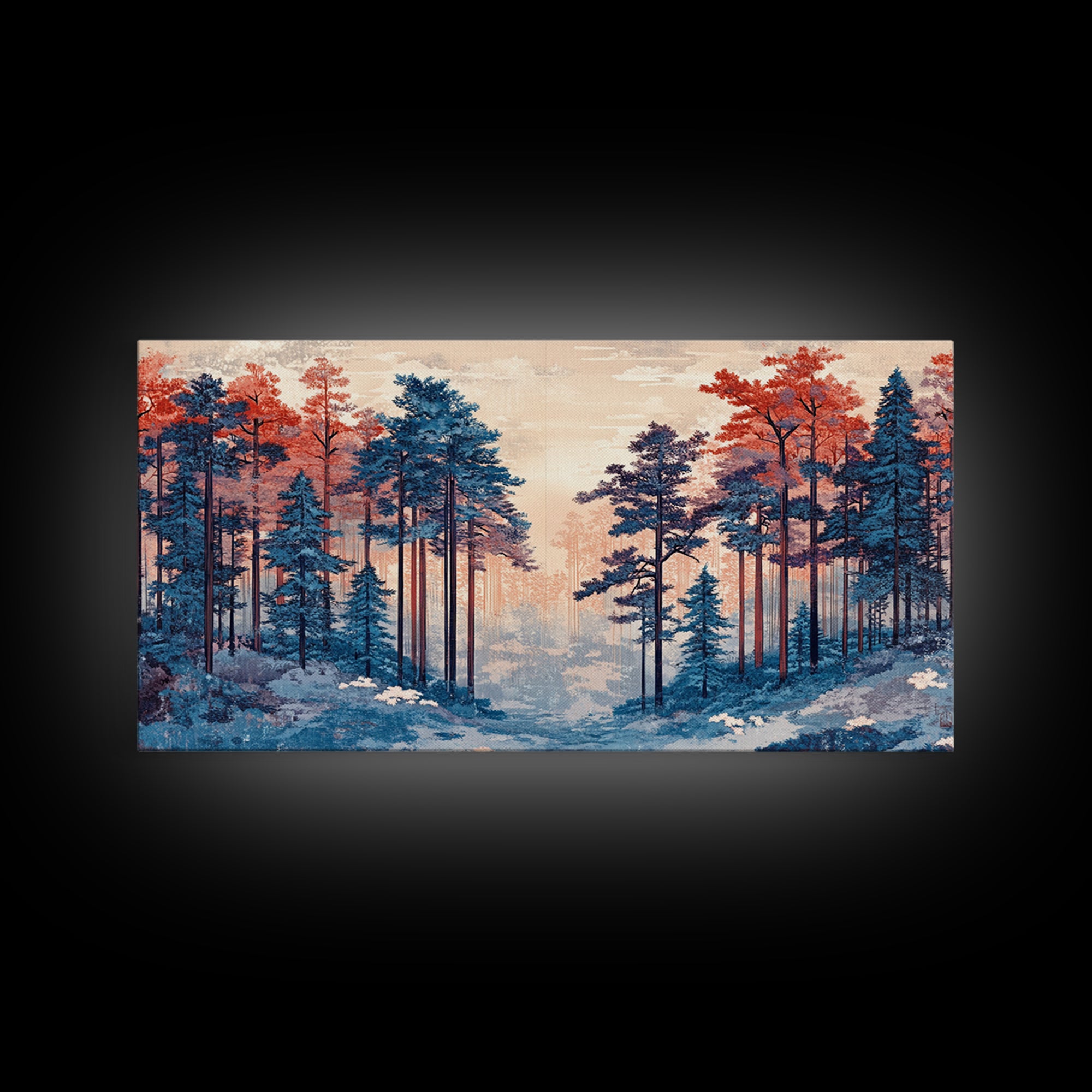 Misty Blue Pine Forest With Coral Autumn Trees Wall Art, Nature Landscape Print, Scandinavian Decor, Cozy Bedroom Wall Decor