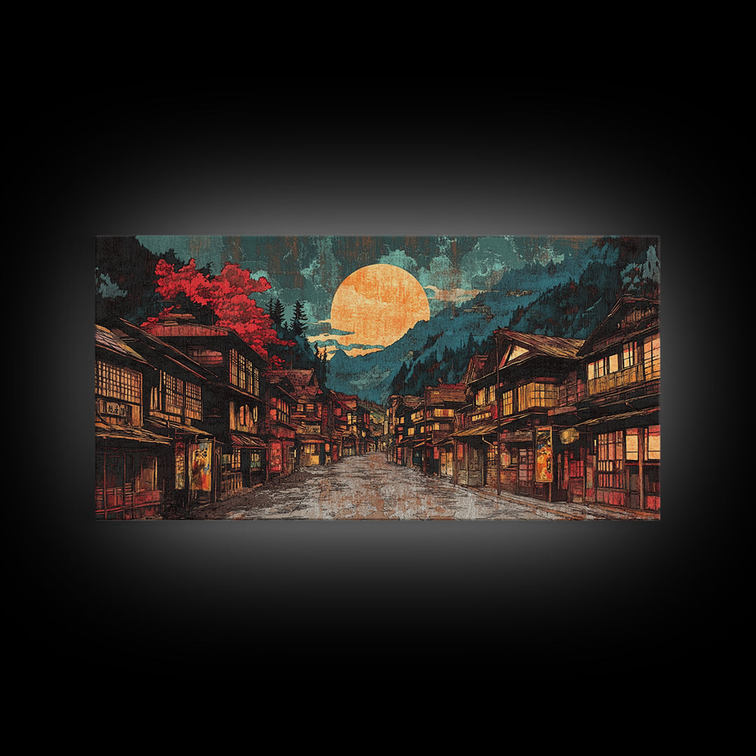 Moonlit Japanese Village Street With Red Maple Trees Framed Canvas Print, Japandi Wall Art, Moody Living Room Wall Decor