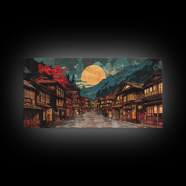 Moonlit Japanese Village Street With Red Maple Trees Framed Canvas Print, Japandi Wall Art, Moody Living Room Wall Decor