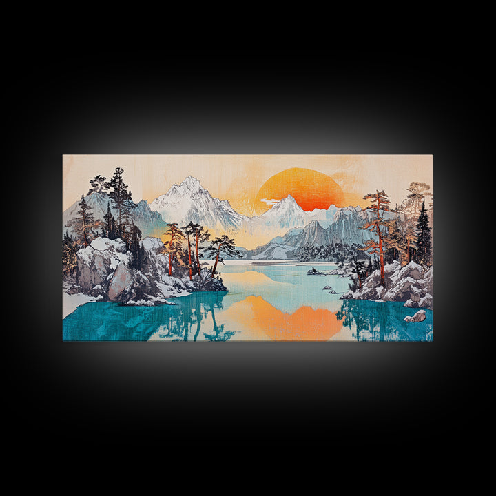 Serene Alpine Lake With Snowy Peaks And Orange Sun Framed Canvas Print, Mountain Wall Art, Japandi Nature Living Room Home Decor