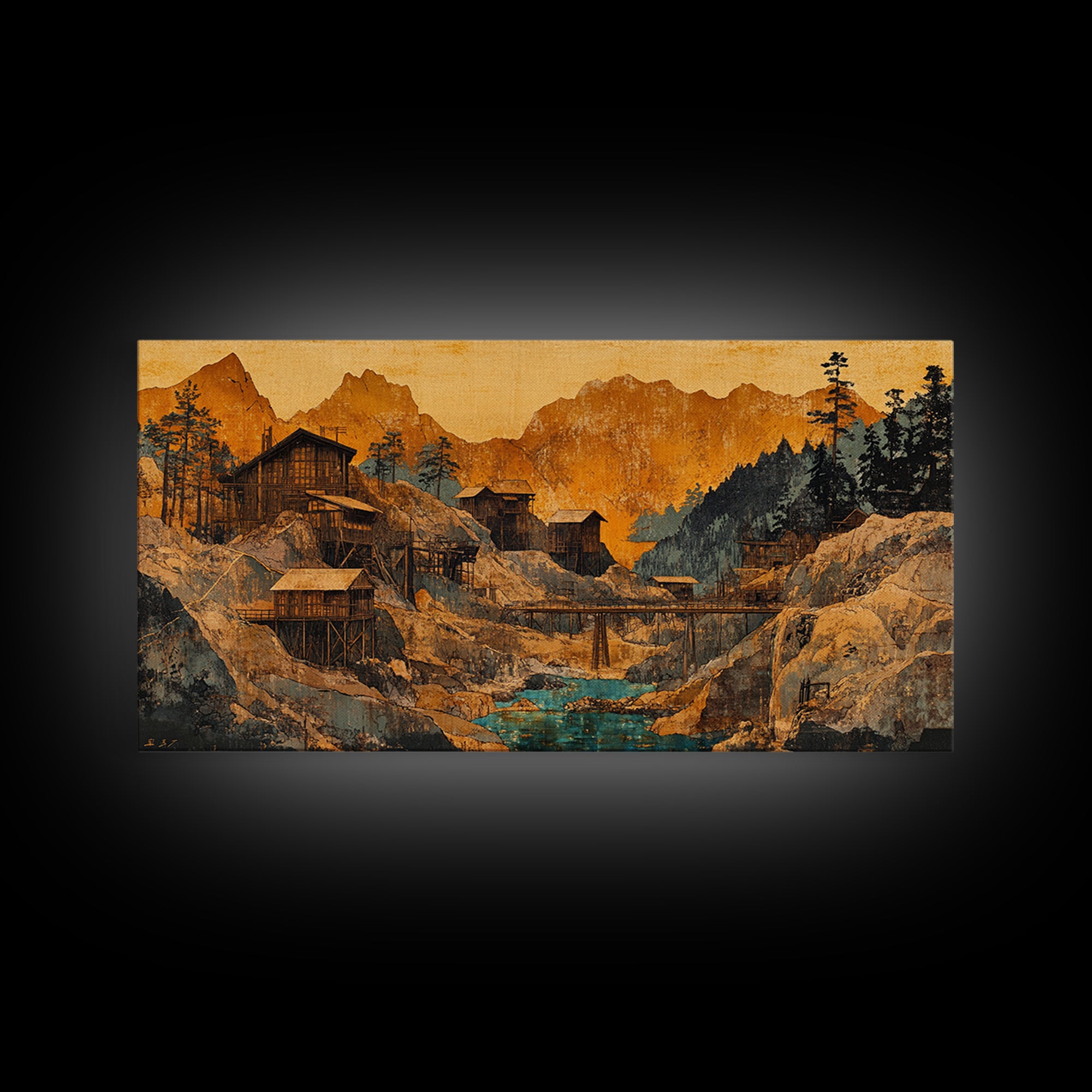 Rustic Mountain Mining Village Framed Canvas Print, Japanese Landscape Wall Art, Cabin Decor, Office Decor, Housewarming Gift