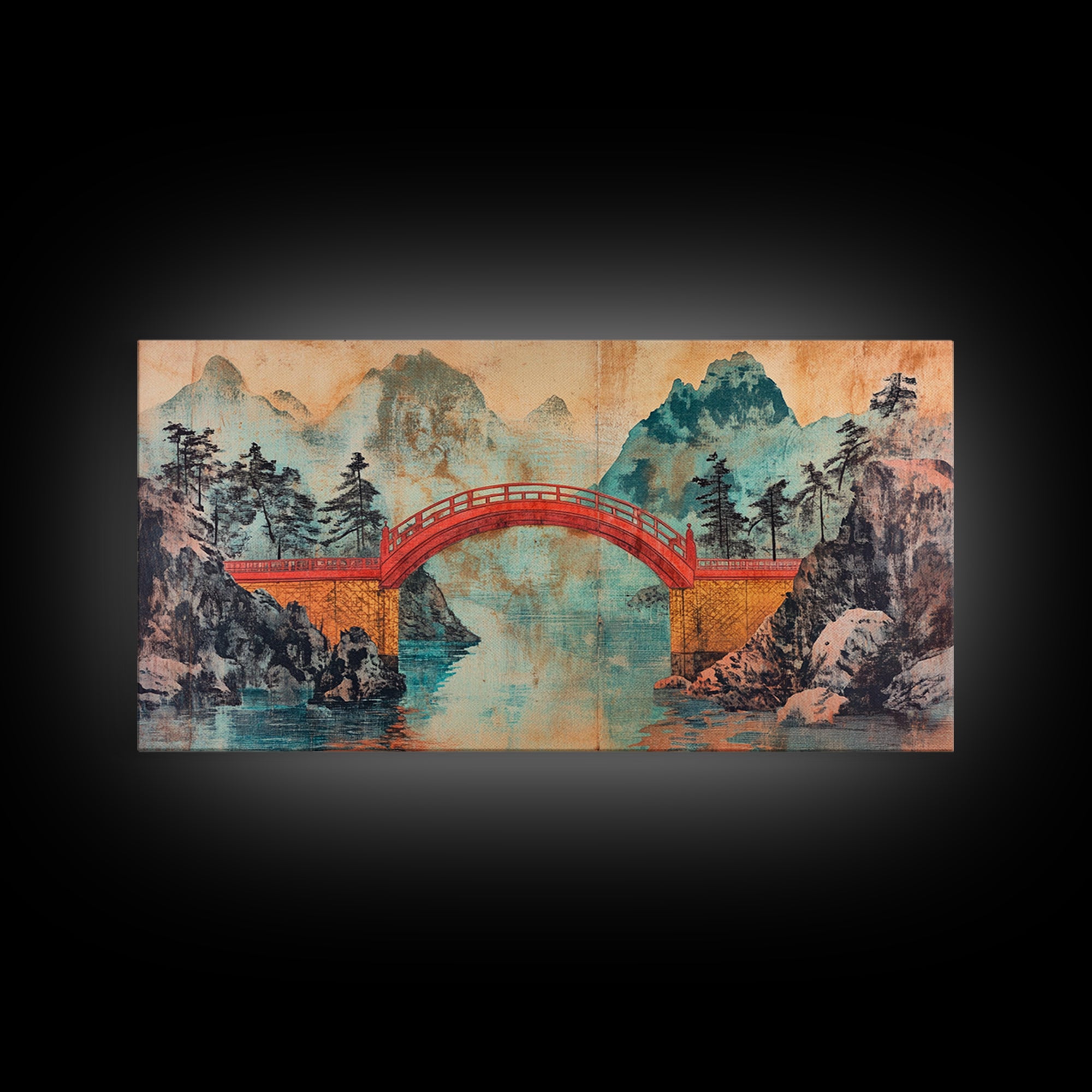 Red Arch Bridge Mountain Lake Canvas Print, Japanese Wall Art, Serene Landscape Art, Zen Home Decor, Living Room Wall Decor