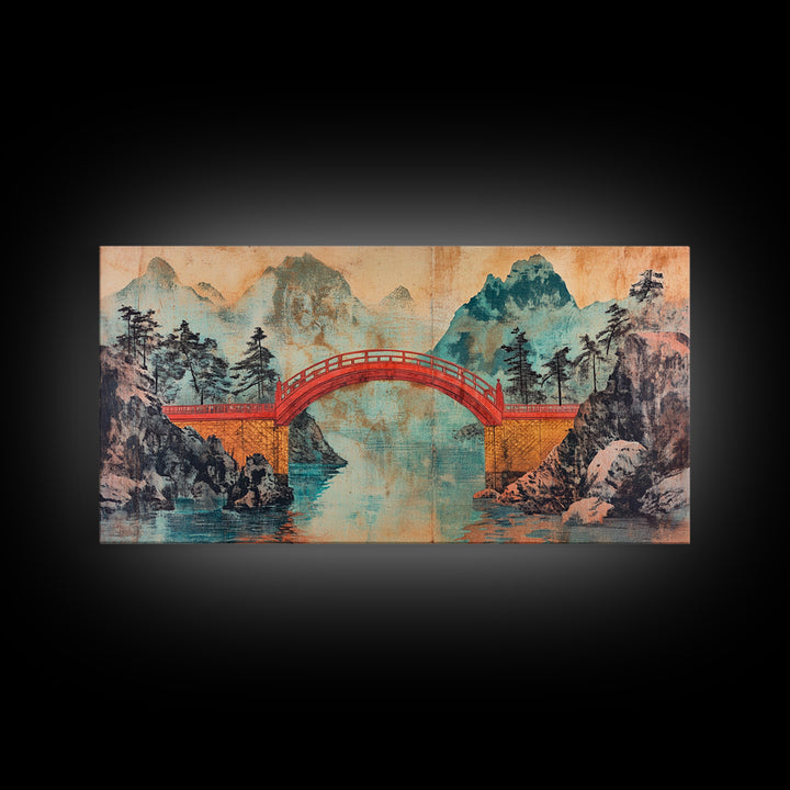 Red Arch Bridge Mountain Lake Canvas Print, Japanese Wall Art, Serene Landscape Art, Zen Home Decor, Living Room Wall Decor