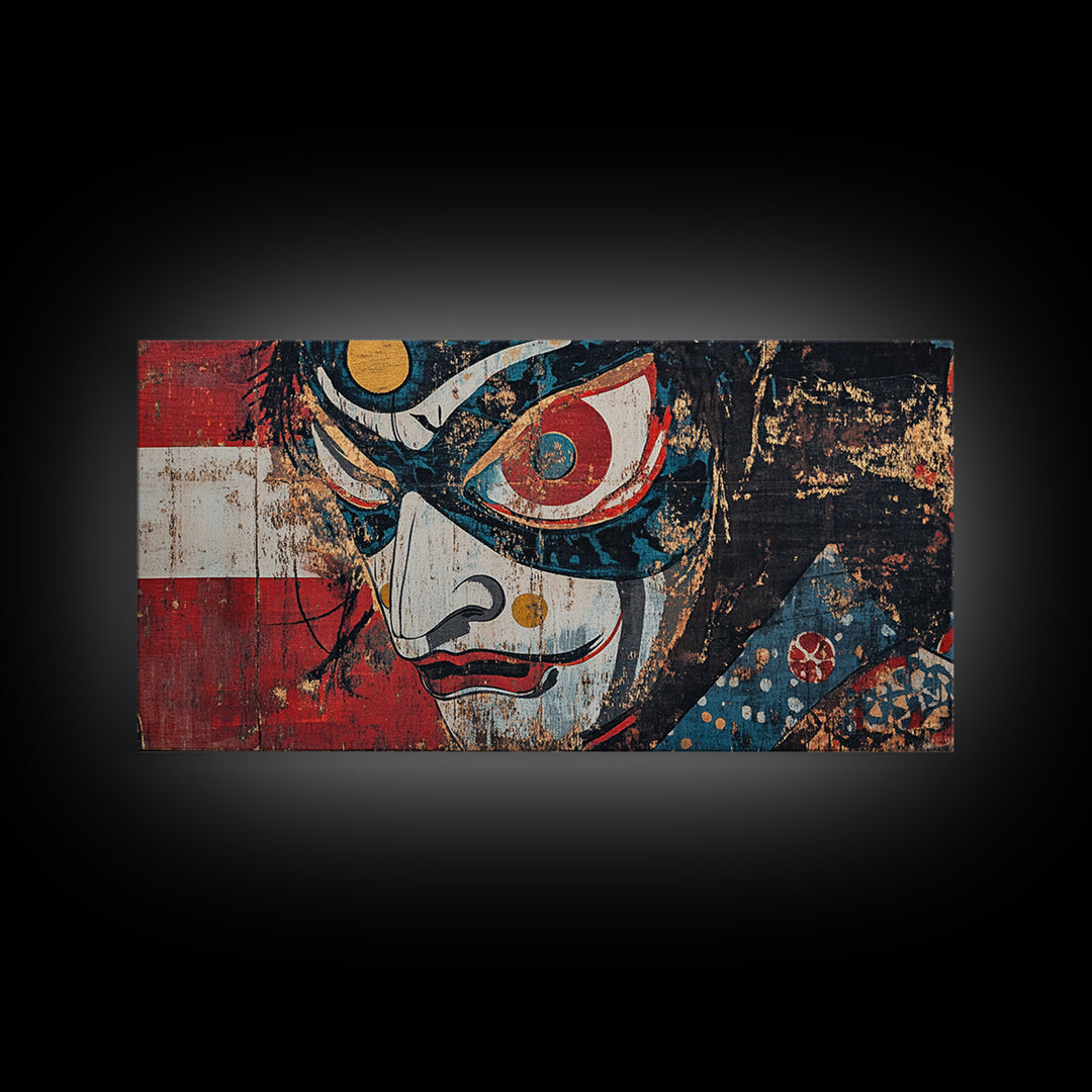 Kabuki Mask Theater Face Framed Canvas Print, Japanese Wall Art, Dramatic Wall Decor, Asian Inspired Art, Statement Artwork