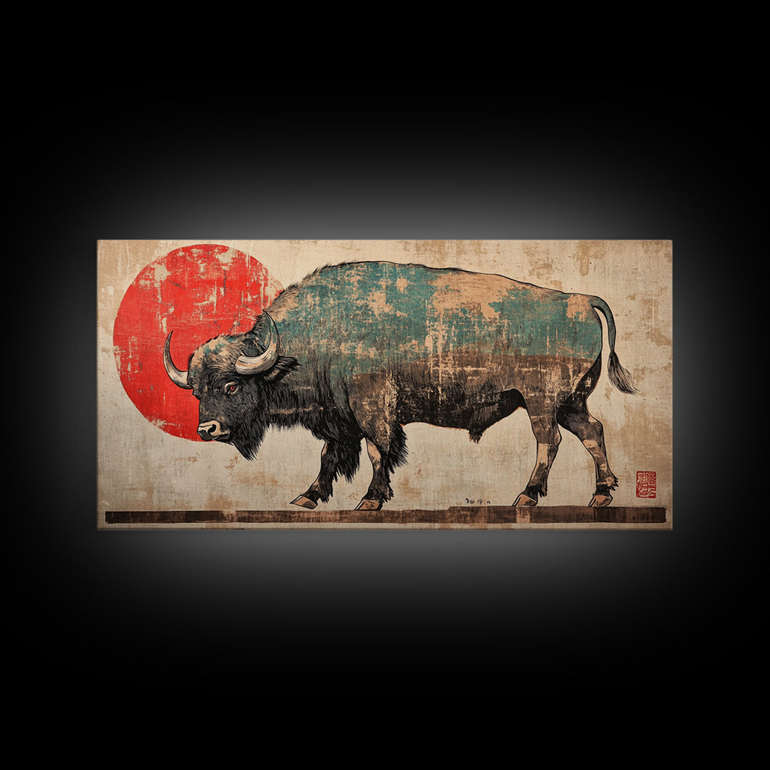 Walking Bison Red Sun Canvas Print, Western Wall Art, Buffalo Art Print, Rustic Home Decor, Masculine Office Wall Decor, Gift For Him