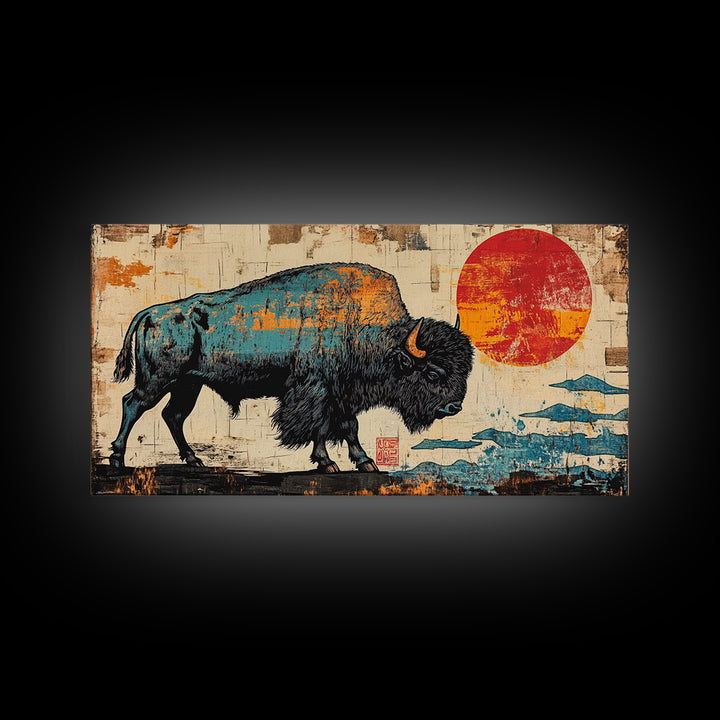Textured Bison Red Sun Framed Canvas Print, Western Wall Art, Buffalo Wall Decor, Rustic Farmhouse Decor, Gift For Him, Office Decor