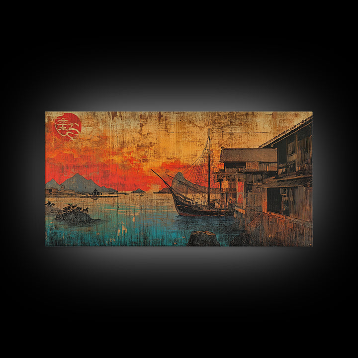 Sunset Harbor Boat Village Canvas Print, Japanese Coastal Wall Art, Nautical Decor, Travel Poster, Living Room Wall Decor