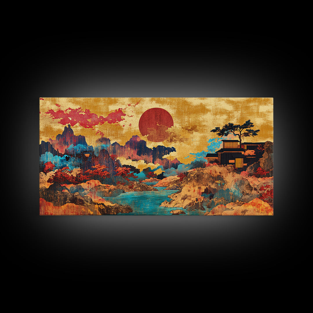 Red Sun Mountain River Wall Art, Japanese Landscape Canvas, Asian Inspired Decor, Panoramic Print, Living Room Decor, Modern Home Decor