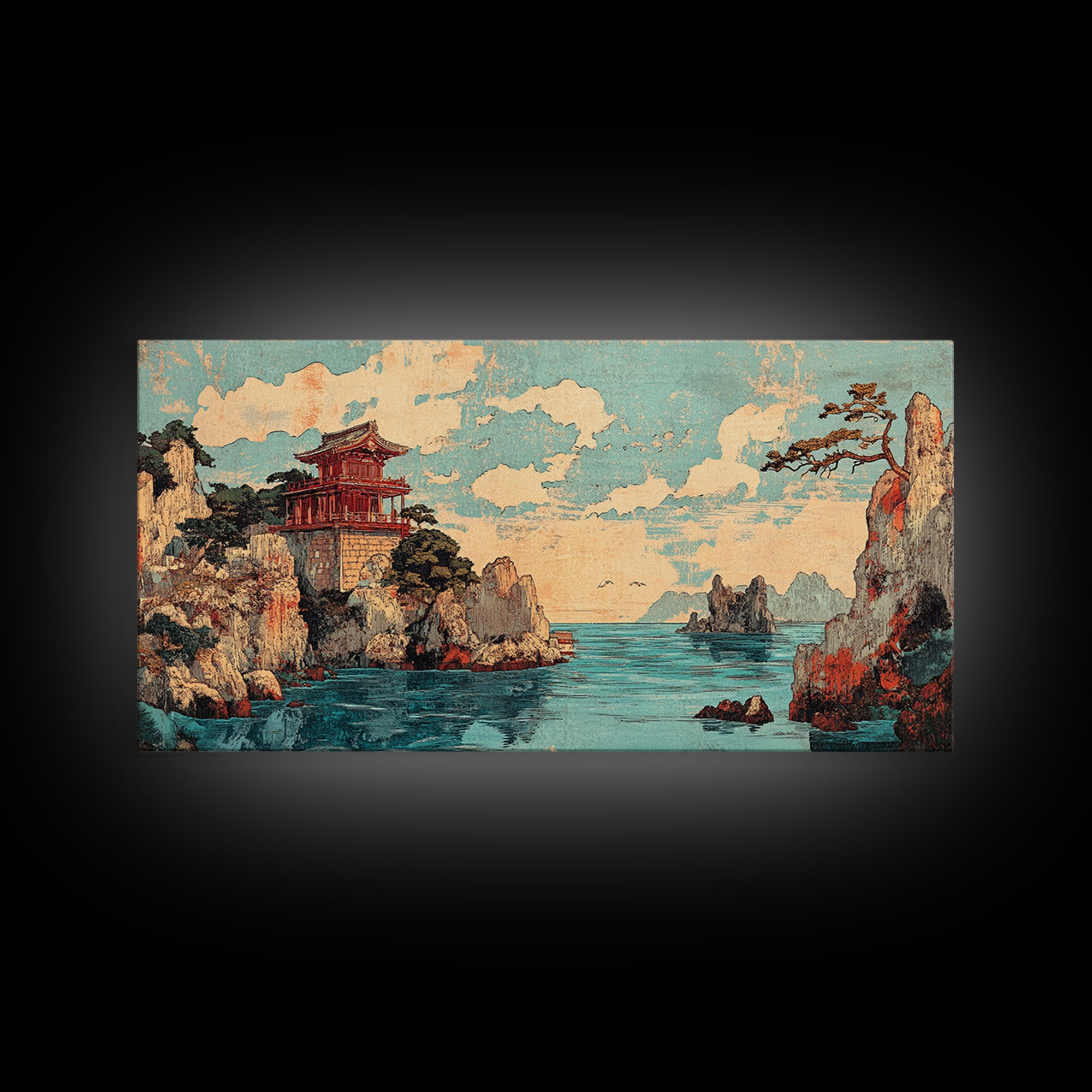 Clifftop Pagoda Ocean Canvas Print, Japanese Coastal Landscape Wall Decor, Asian Inspired Art, Travel Poster, Home Decor Art Print