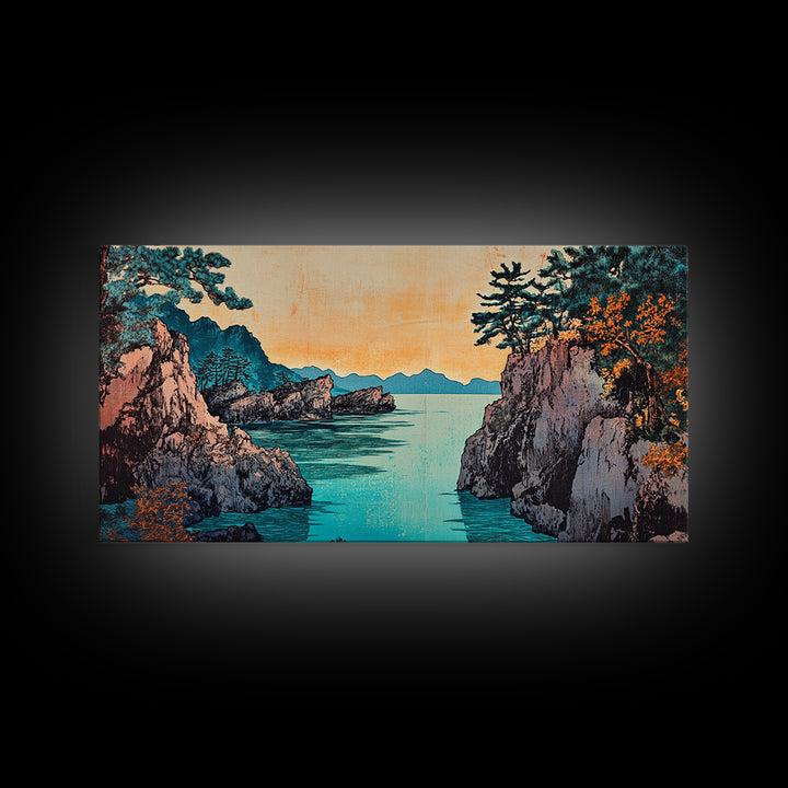 Rocky Pine Sea Inlet Framed Canvas Print, Japanese Coastal Wall Art, Autumn Landscape, Modern Living Room Decor, Home Decor