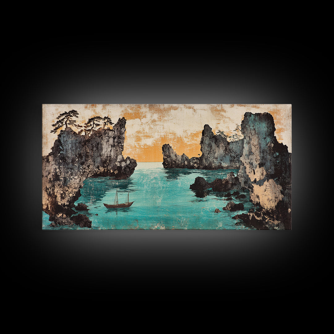 Turquoise Cove And Sailboat Wall Art, Japanese Seascape Print, Coastal Wall Decor, Panoramic Canvas Home Decor, Living Room Decor