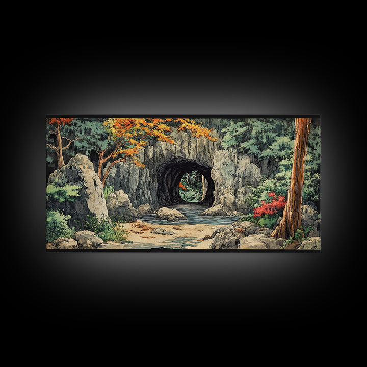 Stone Moon Gate Garden Canvas Print, Japanese Forest Stream Wall Art, Zen Home Decor, Japandi Living Room Wall Decor Art Print