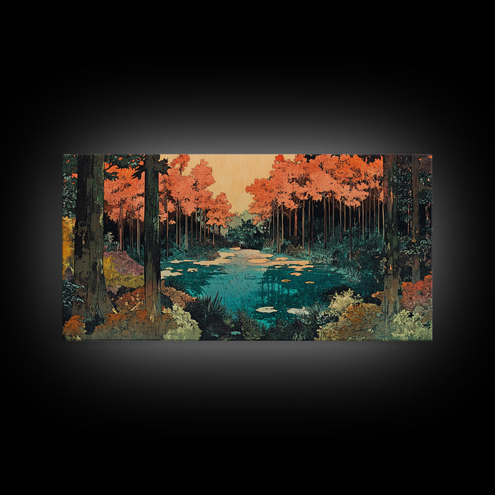 Autumn Forest Pond Canvas Print, Orange Trees And Lily Pads Wall Art, Japandi Nature Decor, Cozy Living Room Decor, Home Decor