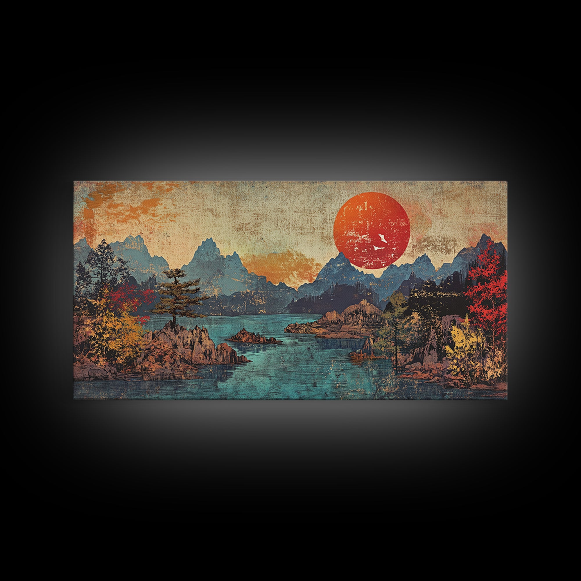 Red Sun Mountain Lake Wall Art, Japanese Landscape Print, Panoramic Canvas, Moody Nature Decor, Living Room Decor, Home Decor