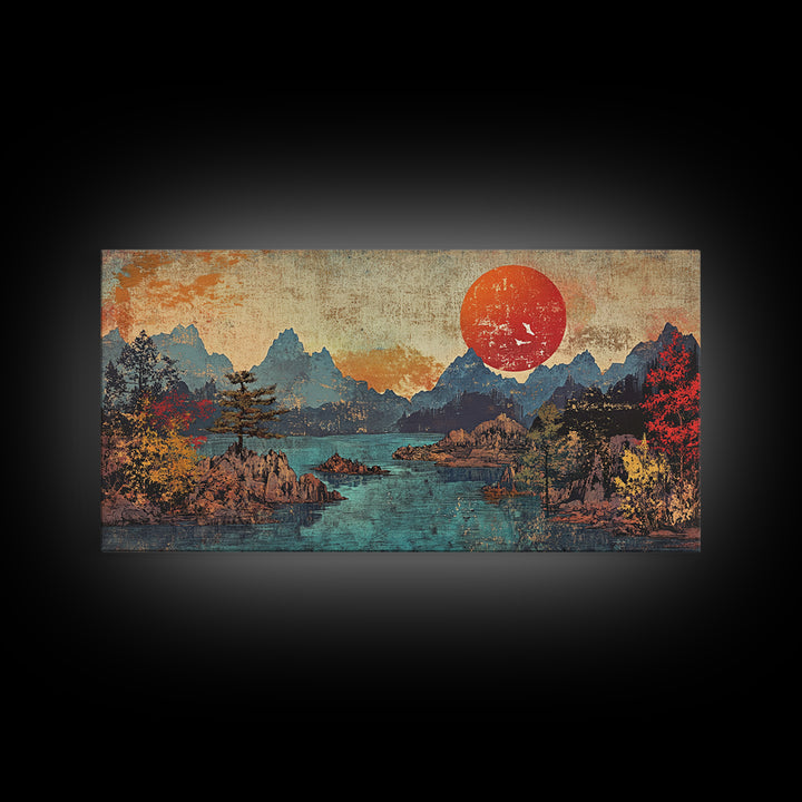Red Sun Mountain Lake Wall Art, Japanese Landscape Print, Panoramic Canvas, Moody Nature Decor, Living Room Decor, Home Decor