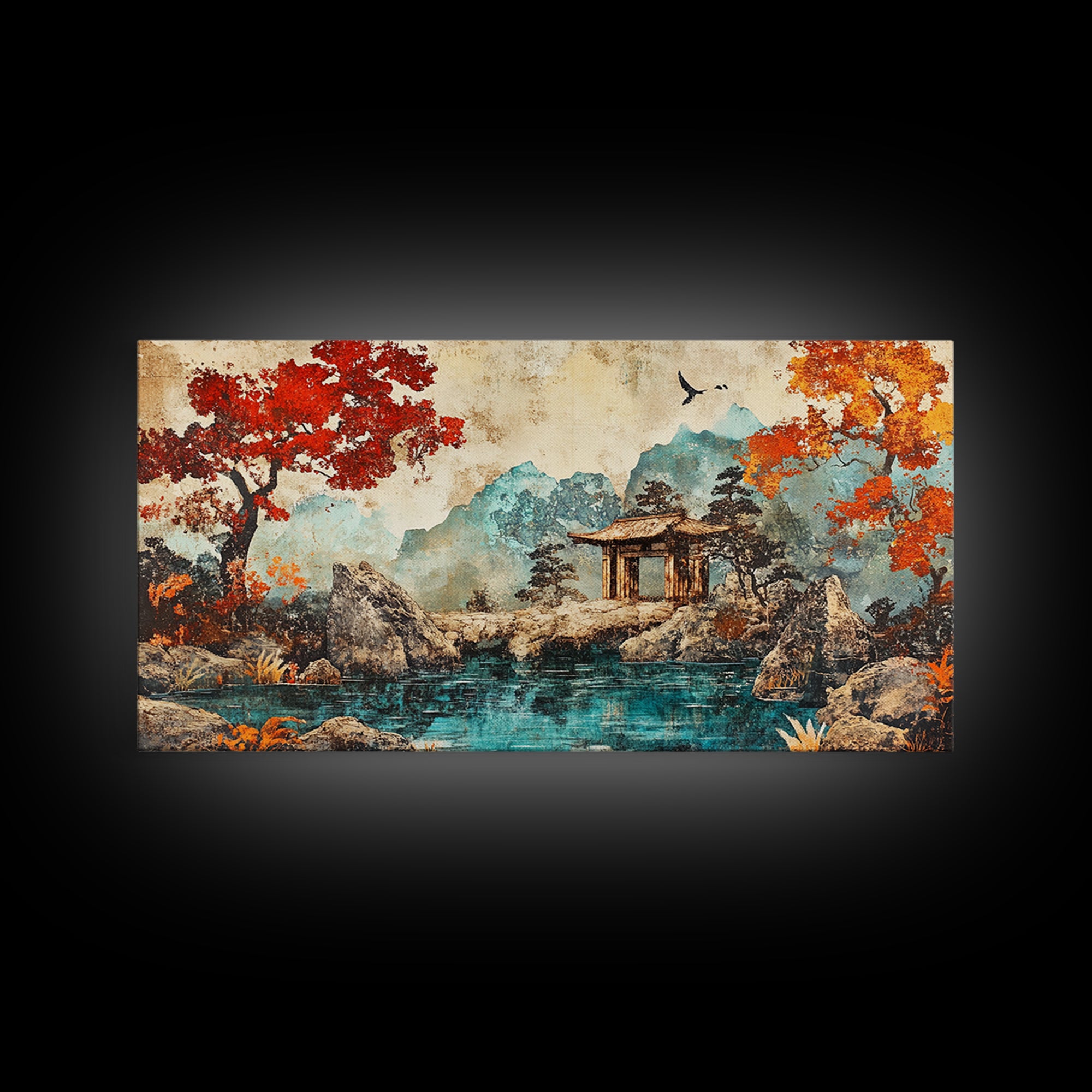 Red Maple Lake Pavilion Framed Canvas Print, Japanese Garden Wall Art, Asian Landscape Decor, Living Room Wall Decor Art Print
