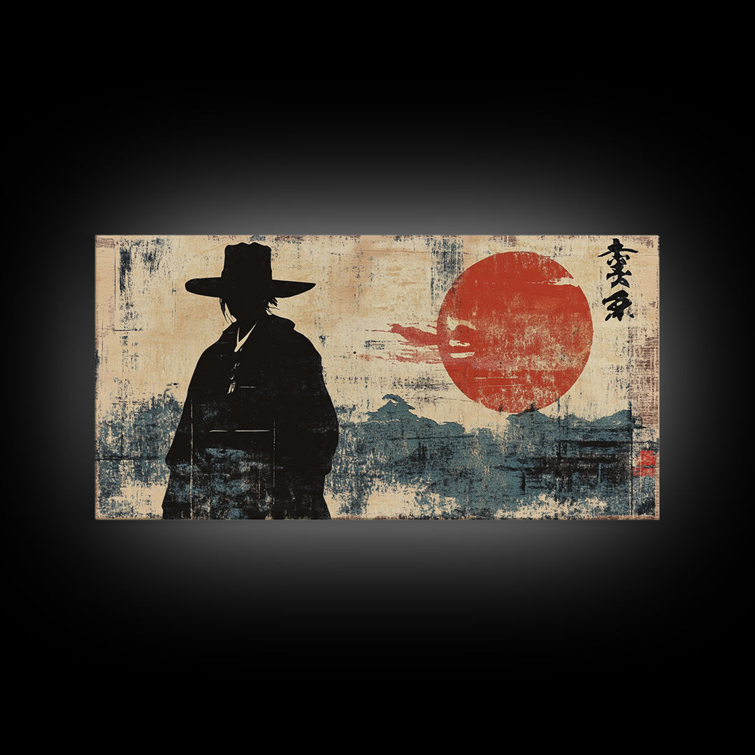 Samurai Silhouette Red Sun Wall Art, Japanese Warrior Print, Asian Inspired Decor, Masculine Office Wall Decor, Home Decor