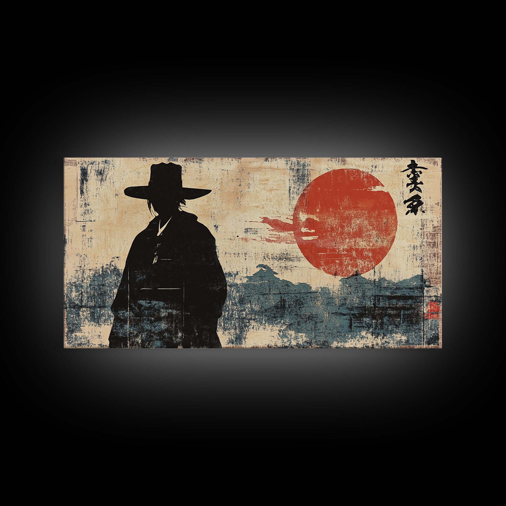 Samurai Silhouette Red Sun Wall Art, Japanese Warrior Print, Asian Inspired Decor, Masculine Office Wall Decor, Home Decor