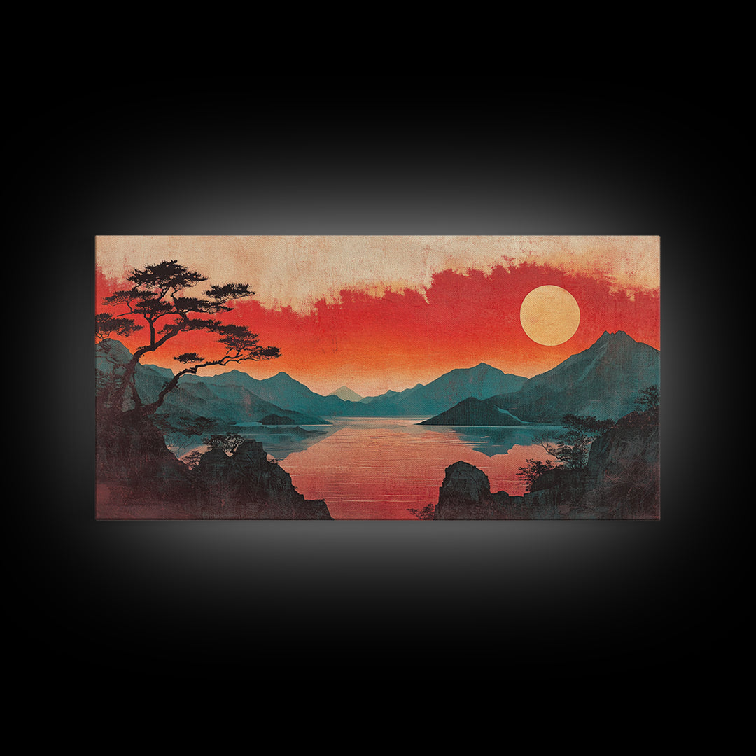 Crimson Sunset Mountain Lake Canvas Print, Japanese Landscape Wall Art, Red Sky Decor, Panoramic Living Room Decor, Home Decor