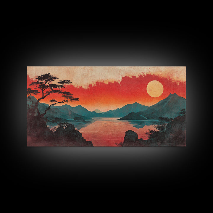 Crimson Sunset Mountain Lake Canvas Print, Japanese Landscape Wall Art, Red Sky Decor, Panoramic Living Room Decor, Home Decor
