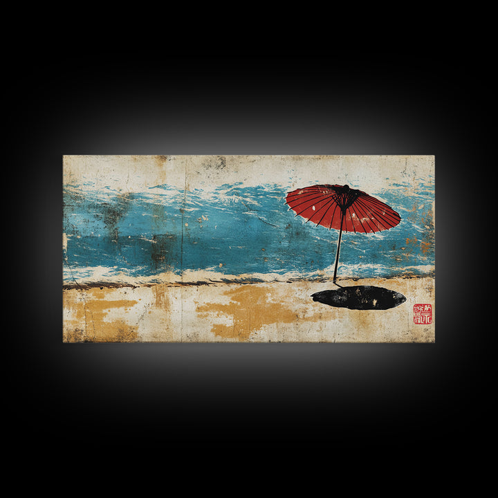 Red Beach Umbrella By Turquoise Waves Wall Art, Japanese Coastal Canvas Print, Beach House Decor, Ocean Wall Decor Gift For Her