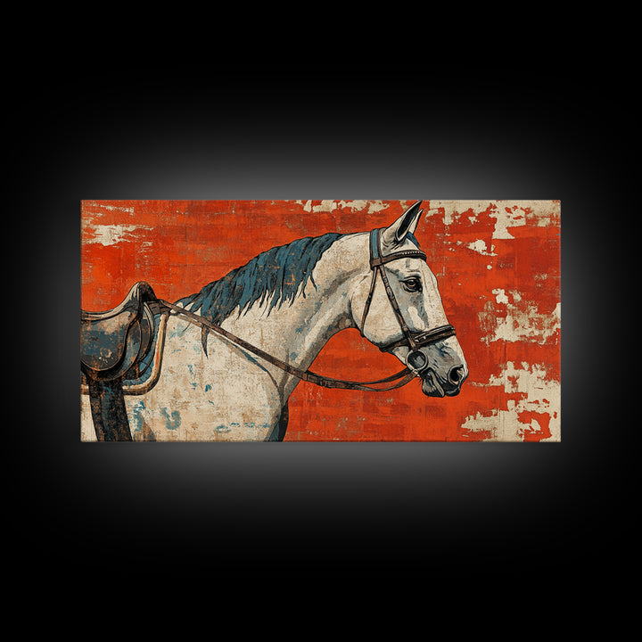 White Horse Portrait On Orange Rustic Wall Art, Western Equestrian Canvas Print, Farmhouse Decor, Horse Lover Gift For Her