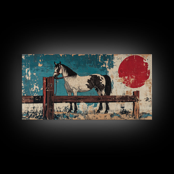 Black And White Paint Horse With Red Sun Wall Art, Western Equestrian Canvas Print, Rustic Farmhouse Decor, Horse Lover Gift