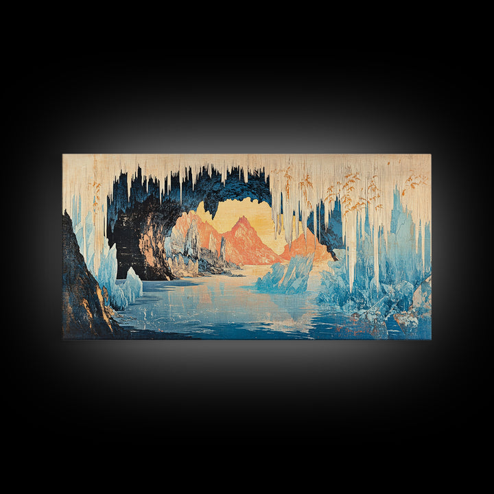 Glowing Ice Cave With Frozen Lake Wall Art, Arctic Landscape Canvas Print, Blue Mountain Decor, Fantasy Nature Art Gift Idea