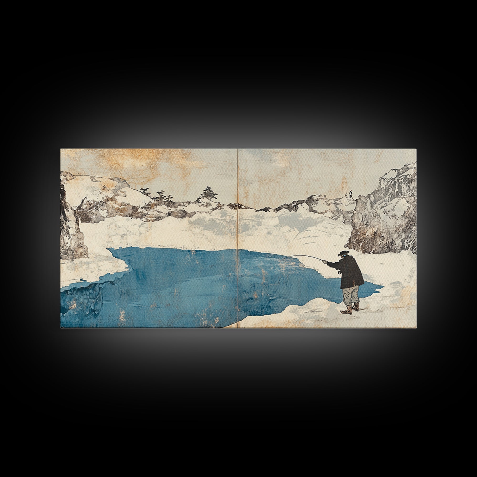Lone Traveler Beside Snowy Blue Lake Wall Art, Japanese Landscape Canvas Print, Minimalist Winter Decor, Zen Home Decor Gift