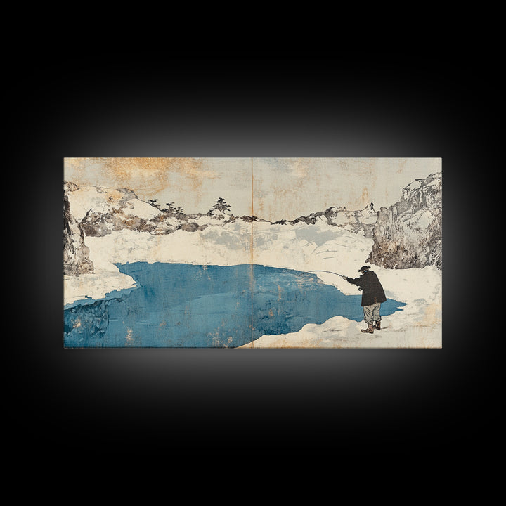Lone Traveler Beside Snowy Blue Lake Wall Art, Japanese Landscape Canvas Print, Minimalist Winter Decor, Zen Home Decor Gift