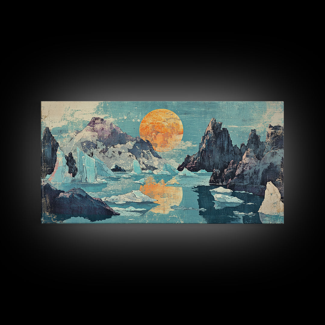 Orange Sun Over Icy Mountain Lake Wall Art, Abstract Landscape Canvas Print, Japandi Coastal Decor, Large Living Room Art