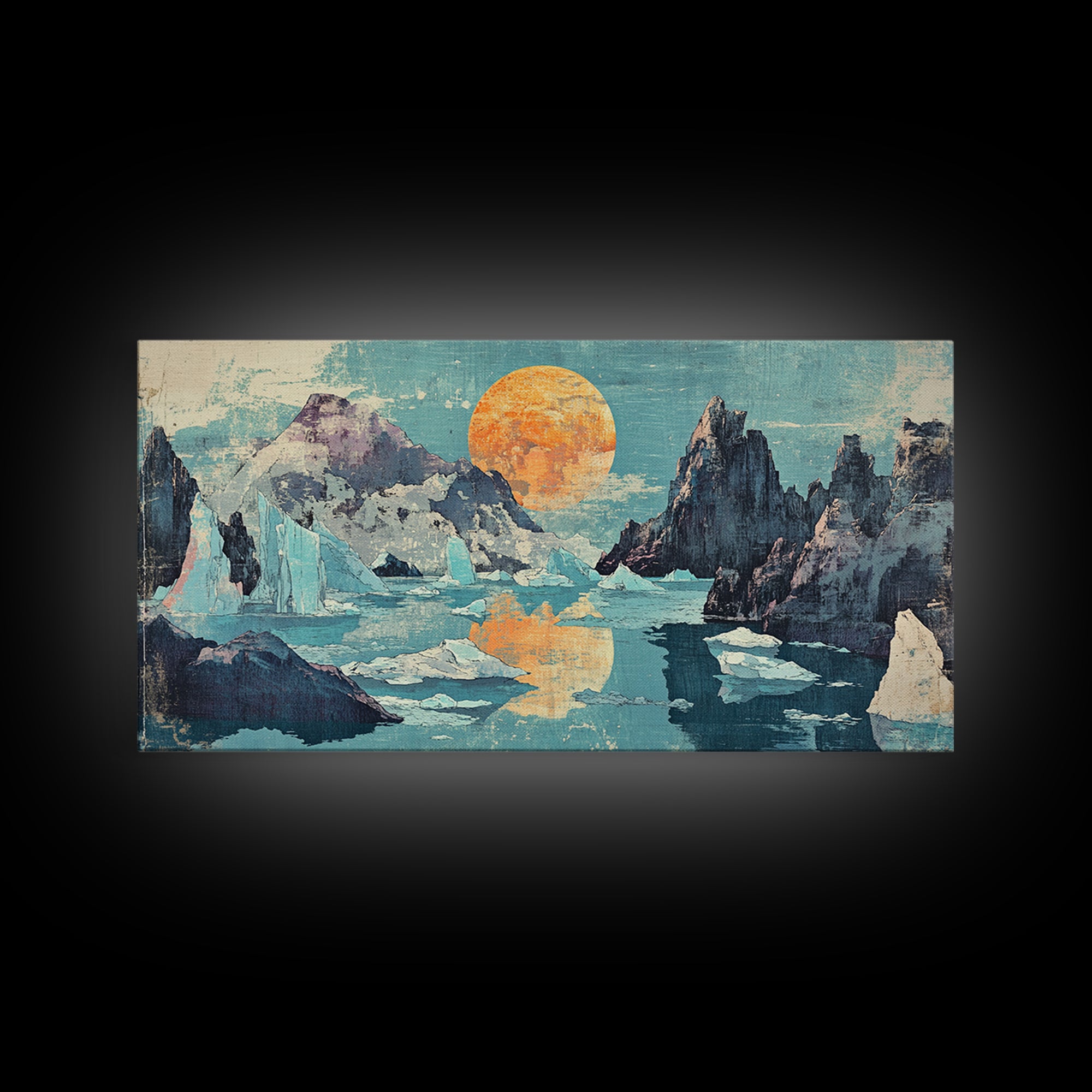 Orange Sun Over Icy Mountain Lake Wall Art, Abstract Landscape Canvas Print, Japandi Coastal Decor, Large Living Room Art