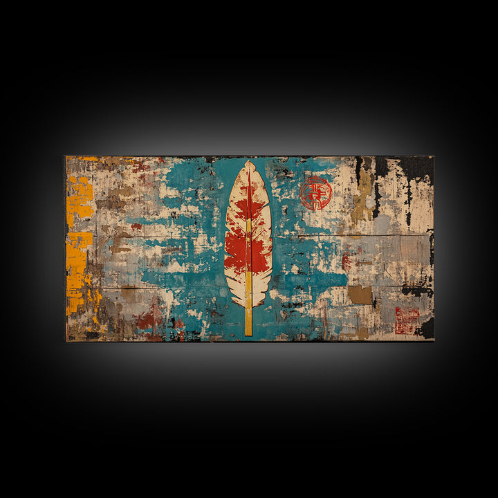 Red Feather On Turquoise Distressed Wall Art, Tribal Boho Canvas Print, Rustic Southwestern Decor, Unique Wall Decor Gift