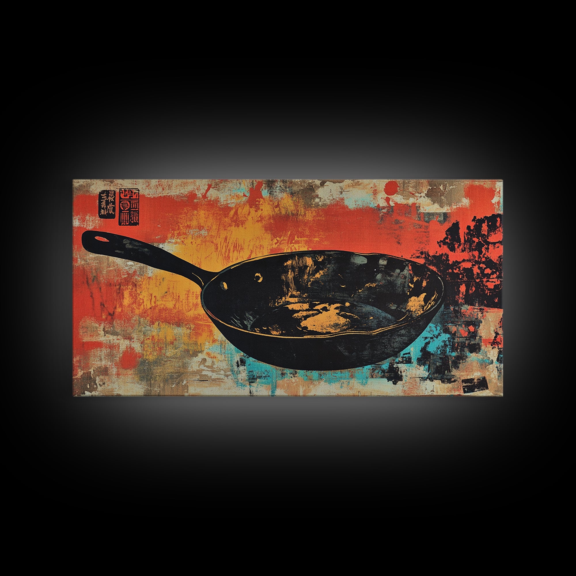 Black Wok Pan On Red Teal Background Wall Art, Kitchen Canvas Print, Rustic Food Decor, Dining Room Wall Decor Gift For Chef
