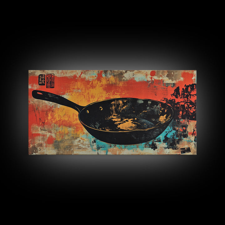 Black Wok Pan On Red Teal Background Wall Art, Kitchen Canvas Print, Rustic Food Decor, Dining Room Wall Decor Gift For Chef